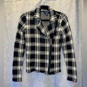 Chaps Womens Plaid Moto Sweater Jacket, Black & Off White, X-Small Full Zip EUC